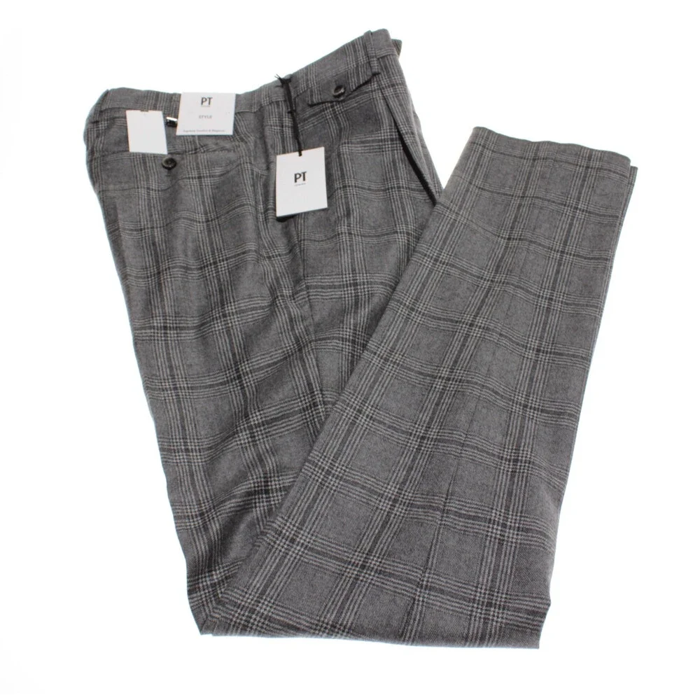 PT Torino NWT Pleated Dress Pants Size 50 (US 34) Super 100s in Gray Plaid Wool